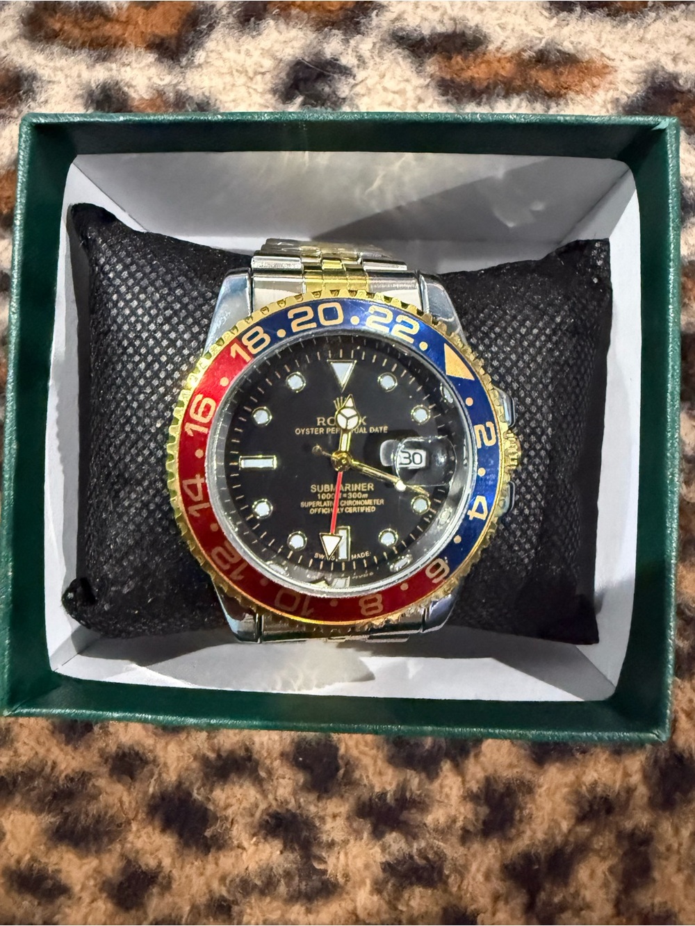 Men's Two-Tone GMT Style Watch with Red & Blue Bezel